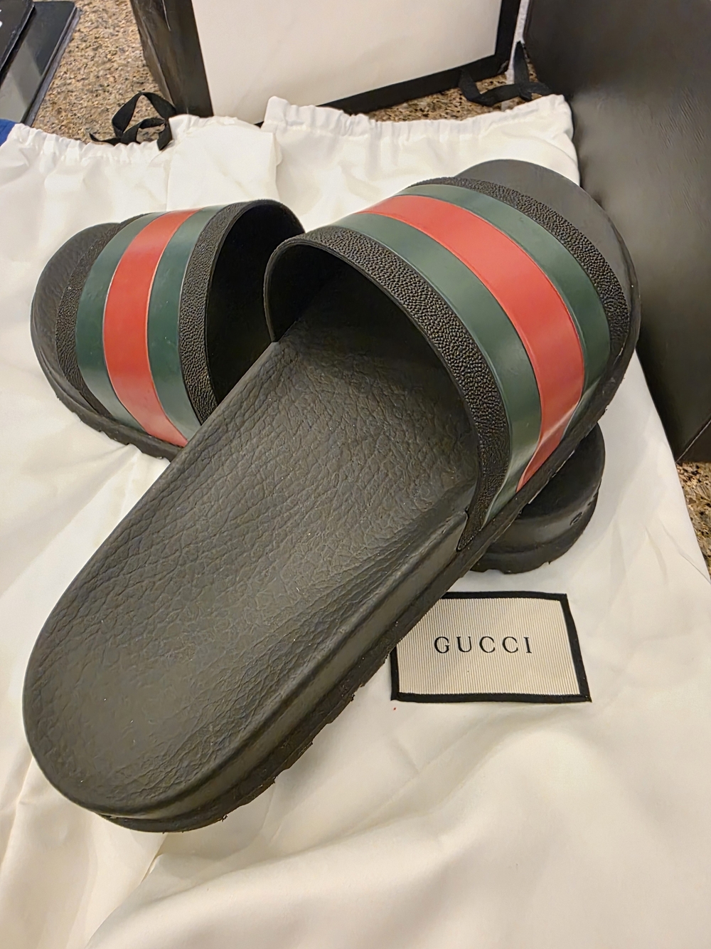 Gucci Men’s Black Slide Sandals with Red & Green Stripes